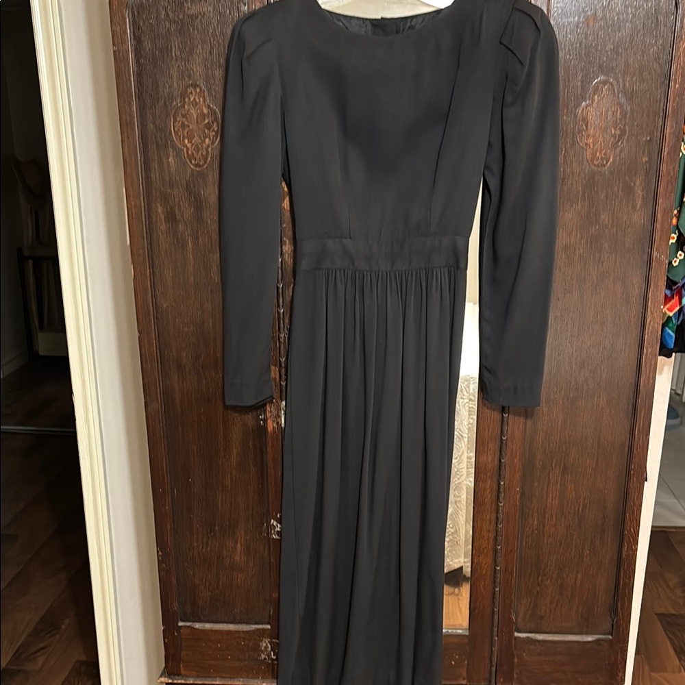 Black Pleated Long Sleeve Cocktail Gown